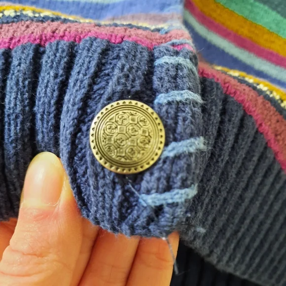 L.L. Bean Multicolor Stripe V-Neck Cardigan - Navy, Teal, Burgundy, Gold - Picture 6 of 9